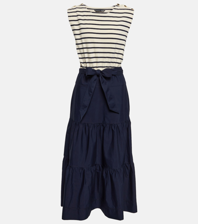 Veronica Beard Pazila Striped Tiered A-line Midi Dress In Marine Off White
