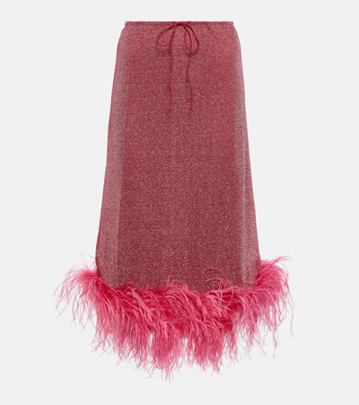 Oseree Lumière Feather-trimmed Metallic Stretch-knit Midi Skirt In Pink