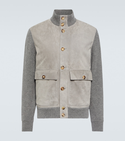 Brunello Cucinelli Suede And Knit Bomber Jacket In Grey