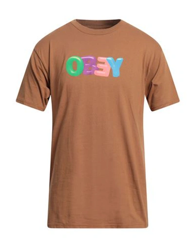 Obey Man T-shirt Camel Size Xl Cotton In Beige