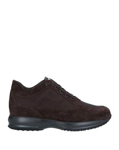 Hogan Man Sneakers Chocolate Brown Size 9 Soft Leather, Textile Fibers In Brown