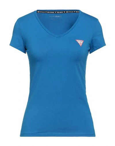 Guess Woman T-shirt Bright Blue Size S Cotton, Elastane