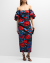 LELA ROSE FLORAL PRINT MIDI DRESS WITH PUFF SLEEVES