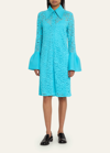 Proenza Schouler Stretch Lace Shirtdress With Bell Cuffs In Cyan