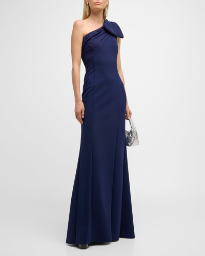 Rickie Freeman For Teri Jon One-shoulder Draped Bow Gown In Navy
