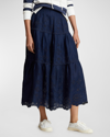 Polo Ralph Lauren Eyelet-embroidered Tiered Linen Skirt In Newport Navy