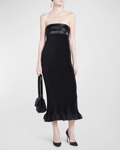 Giorgio Armani Strapless Empire-waist Plisse Midi Dress In Solid Black