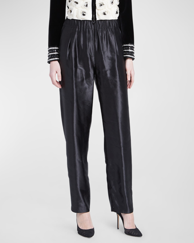 Giorgio Armani Metallic Linen-silk Straight-leg Pull-on Trousers In Solid Black