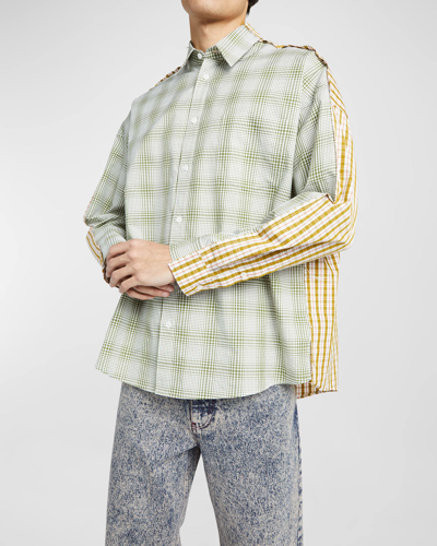 Marni Men's Half-and-half Plaid Button-front Shirt In Grass