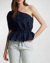 Polo Ralph Lauren One-shoulder Eyelet Linen Top In Newport Navy