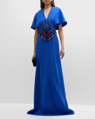 Lela Rose Floral Beaded Capelet A-line Gown In Lapis