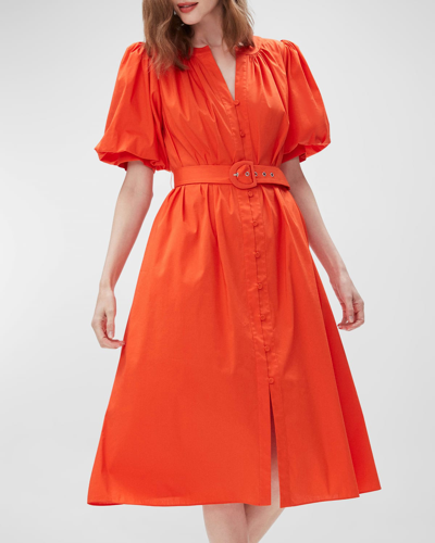 Diane Von Furstenberg Laena Belted Puff Sleeve Cotton Blend Dress In Orange