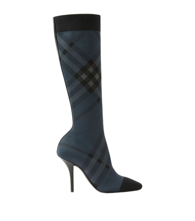 Burberry Dolman Check Stiletto Sock Boots In Grey