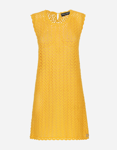 Dolce & Gabbana Short Sleeveless Crochet Dress In Yellow