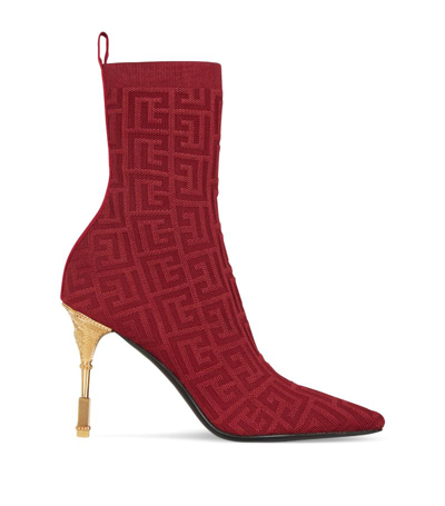 Balmain Moneta-monogram 95mm Knit Ankle Boots In Red