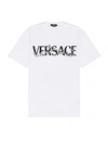 Versace White Crewneck T-shirt With Logo Lettering Print In Cotton Man In White