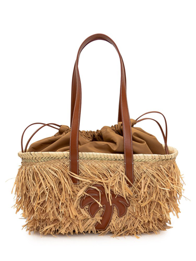 Palm Angels Palm Patch Drawstring Basket Bag In Beige
