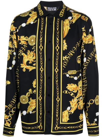 Versace Jeans Couture Baroque-pattern Long-sleeve Shirt In Black Gold