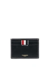 THOM BROWNE BLUE CARD-HOLDER WITH TRICOLOR DETAIL AND EMBOSSED LOGO IN SMOOTH LEATHER MAN