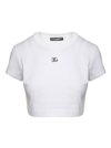 DOLCE & GABBANA WHITE CROP T-SHIRT WITH METAL LOGO AT THE FRONT IN COTTON WOMAN