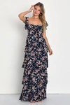 Lulus Charming Passion Navy Blue Floral Off-the-shoulder Maxi Dress In Navy Blue