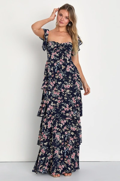 Lulus Charming Passion Navy Blue Floral Off-the-shoulder Maxi Dress