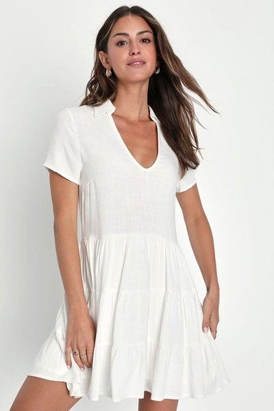 Lulus Darling Decision White Linen Collared Tiered Mini Dress