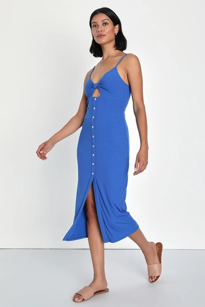Lulus Sultry Sunshine Royal Blue Ribbed Knit Cutout Bodycon Midi Dress