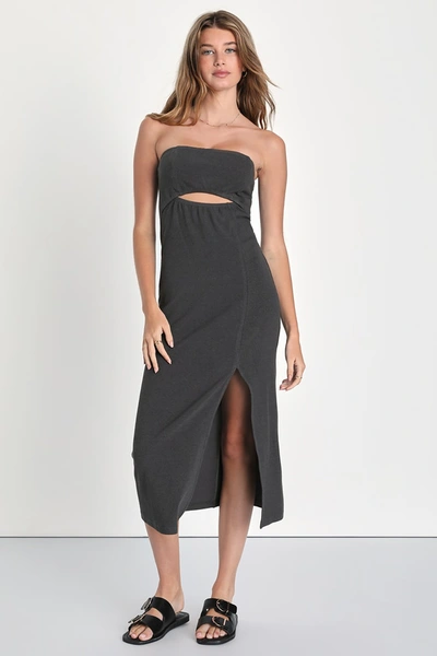 Lulus Feelin' The Heat Dark Grey Ribbed Strapless Cutout Midi Dress