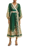 Zimmermann Devi Belted Paisley-print Cotton-voile Midi Wrap Dress In Green