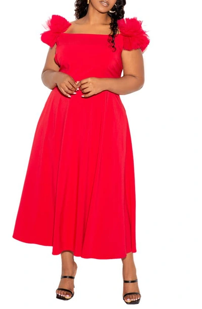 Buxom Couture Off The Shoulder Tulle Sleeve A-line Dress In Red