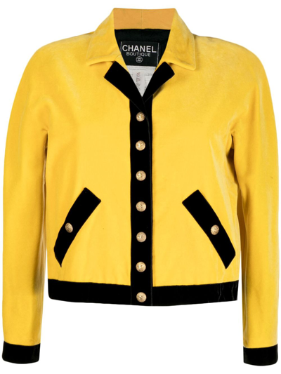 Pre-owned Chanel 1990-2000s Contrasting Trimming Velvet Jacket In Yellow