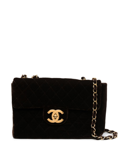 Pre-owned Chanel 1990s Jumbo Velvet Shoulder Bag In Brown