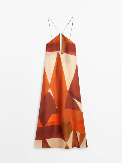 massimo dutti orange dress Massimo Dutti Linen Blend Stretch Dress With Pleated Detail In Orange
