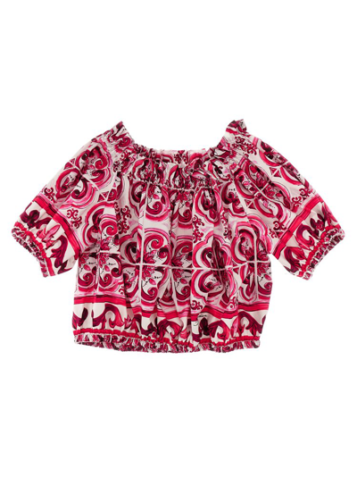 Dolce & Gabbana Kids' Majolica-print Poplin Cotton Top In Red