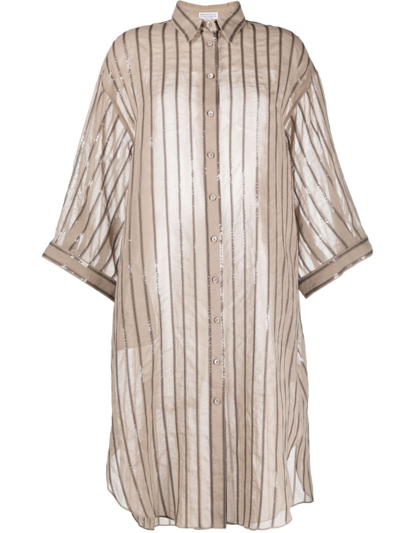 Brunello Cucinelli Sequin-embellished Striped Cotton Shirtdress In Neutrals