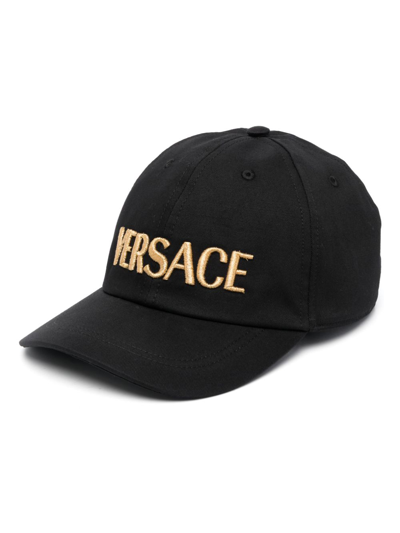 Versace Cotton Baseball Cap With Gold Embroidery In Black
