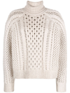Brunello Cucinelli Sequin-embellished Pointelle-knit Cashmere-blend Turtleneck Sweater In Neutrals