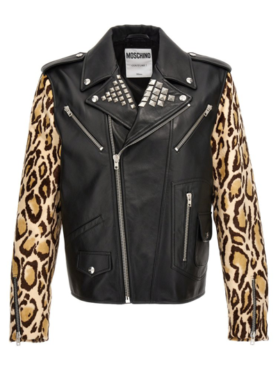 Moschino Leopard-print Leather Biker Jacket In Black