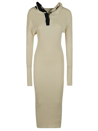 Y/project Ribbed Dress With Decorative High Neck In Beige