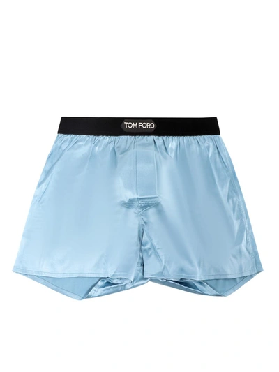 Tom Ford Velvet-trimmed Stretch-silk Satin Boxer Briefs In Blue