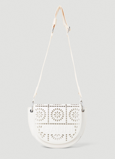 Ganni Banner Perforated Saddle Bag In 135 - Egret