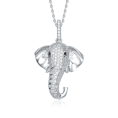 Genevive Rhodium-plated With Diamond Cubic Zirconia Iced Out Lucky Elephant Head Pendant Necklace In Sterling In White