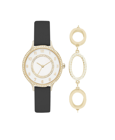 Jessica Carlyle Women's Analog Black Strap Watch 34mm With Gold-toned Cubic Zirconia Crystal Bracelet Gift Set