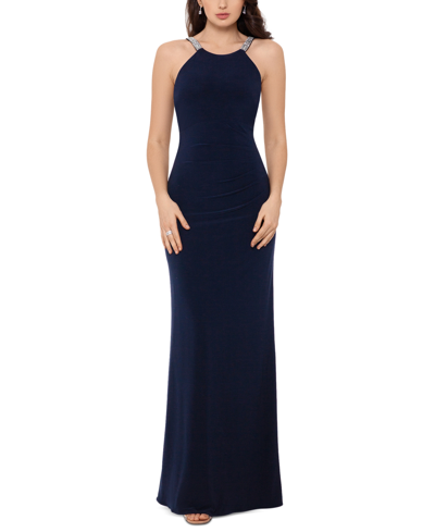 Betsy & Adam Petite Embellished-strap Sleeveless Gown In Navy