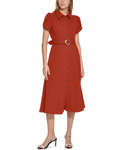 Calvin Klein Women's Tulip-sleeve Belted Shirtdress In Clay