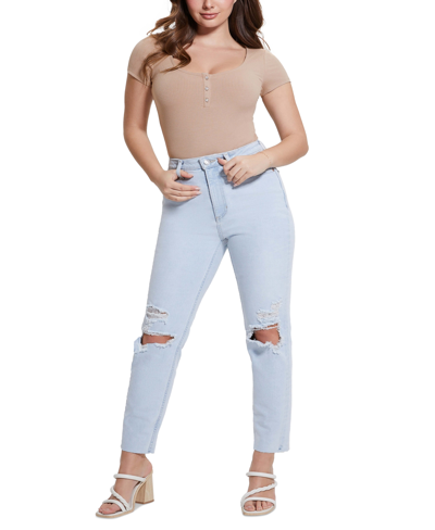 Guess Women's Destroyed High-rise Mom Jeans In Bright Stone Blue