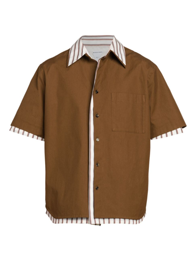 Bottega Veneta Men's Striped Cotton Shirt In Cedar White Brown