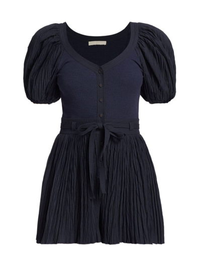 Ulla Johnson Vinny Pleated Puff-sleeve Playsuit With Belt In Midnight