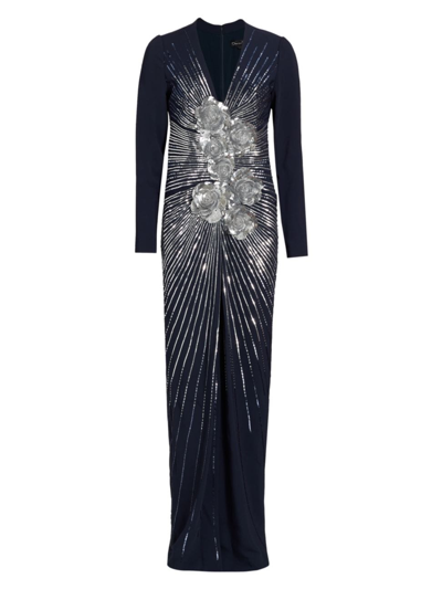 Oscar De La Renta Plunging Starburst Sequin Rosette Cady Gown In Navy